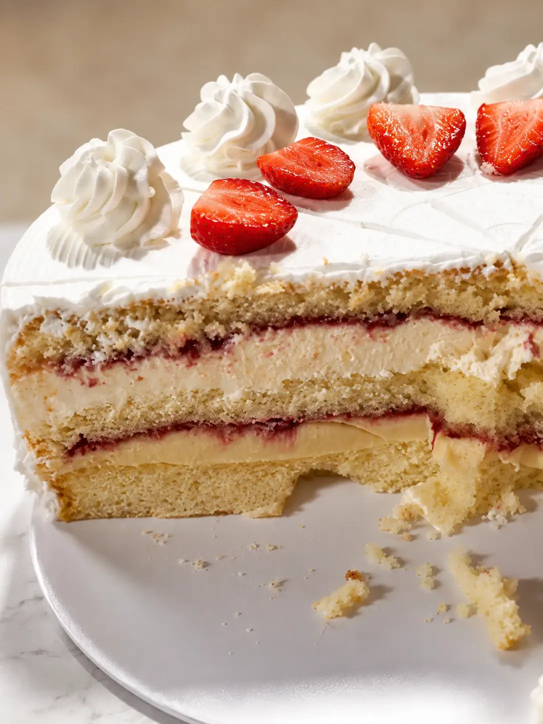 Bolo de ninho com geleia de morango decorado com chantilly e morangos, cortado mostrando as camadas
